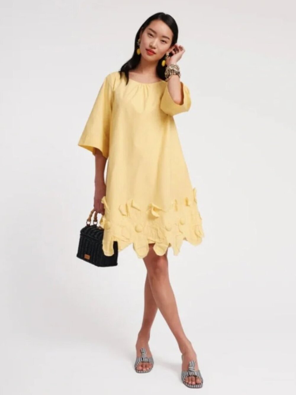 Frances Valentine | Zennia Flower Dress Floral Applique Hem Mini Yellow Size XL - Picture 2 of 15